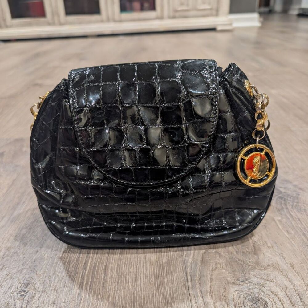 Jay Herbert by Sharif Vintage Black Faux Croc Patent Leather Chain Flap Bag
